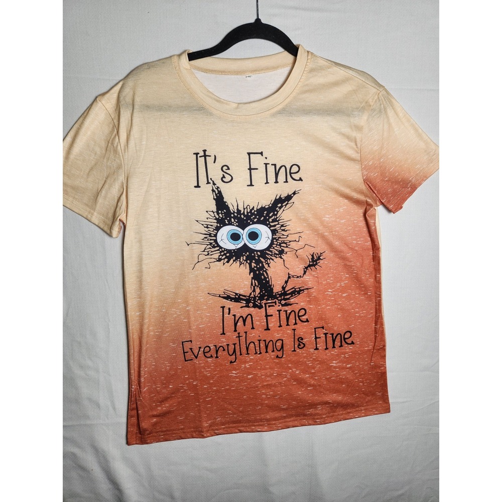 Its Fine Im Fine Everything Is Fine Cat Graphic Ombre Tee Orange Tan Medium